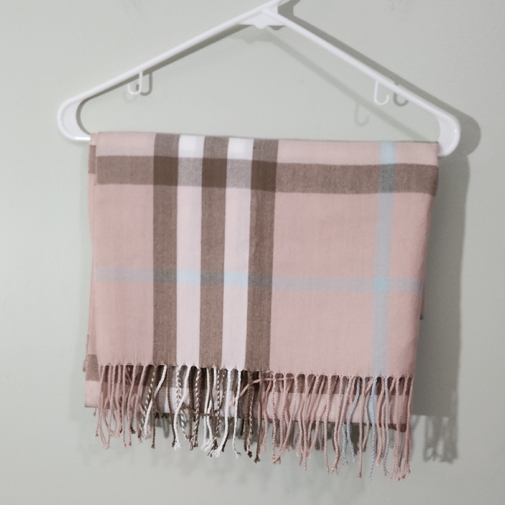 Plaid Fringe Scarf in Pink and Brown